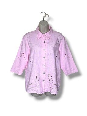 Susan Graver Linen Blend Pink Embroidered Eyelet Button Front Shirt Women Medium